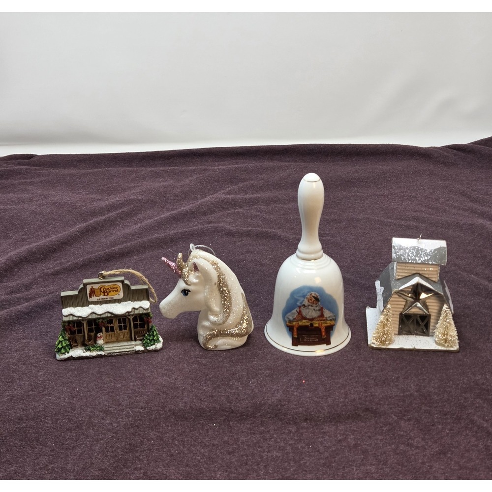 Christmas Ornament Lot of 4 Cracker Barrel Norman Rockwell Bell Unicorn House